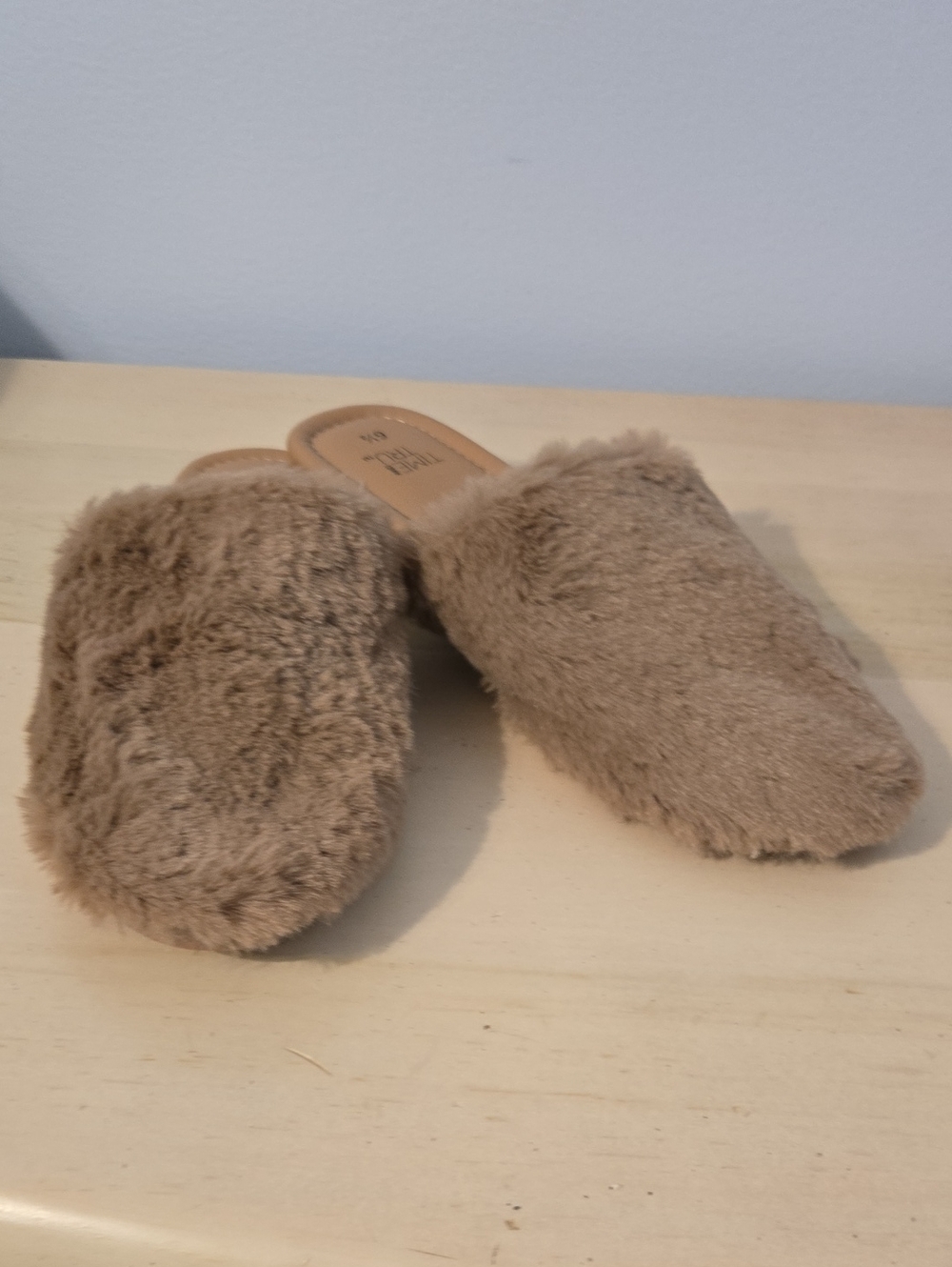 Faux Fur Slip-On Mules in Taupe